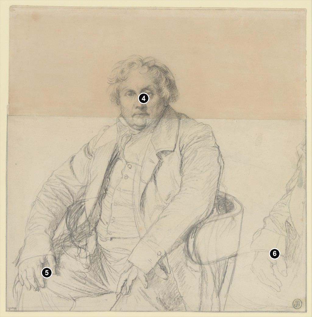 Annotated details from Study for the Portrait of Louis-François Bertin by Ingres
